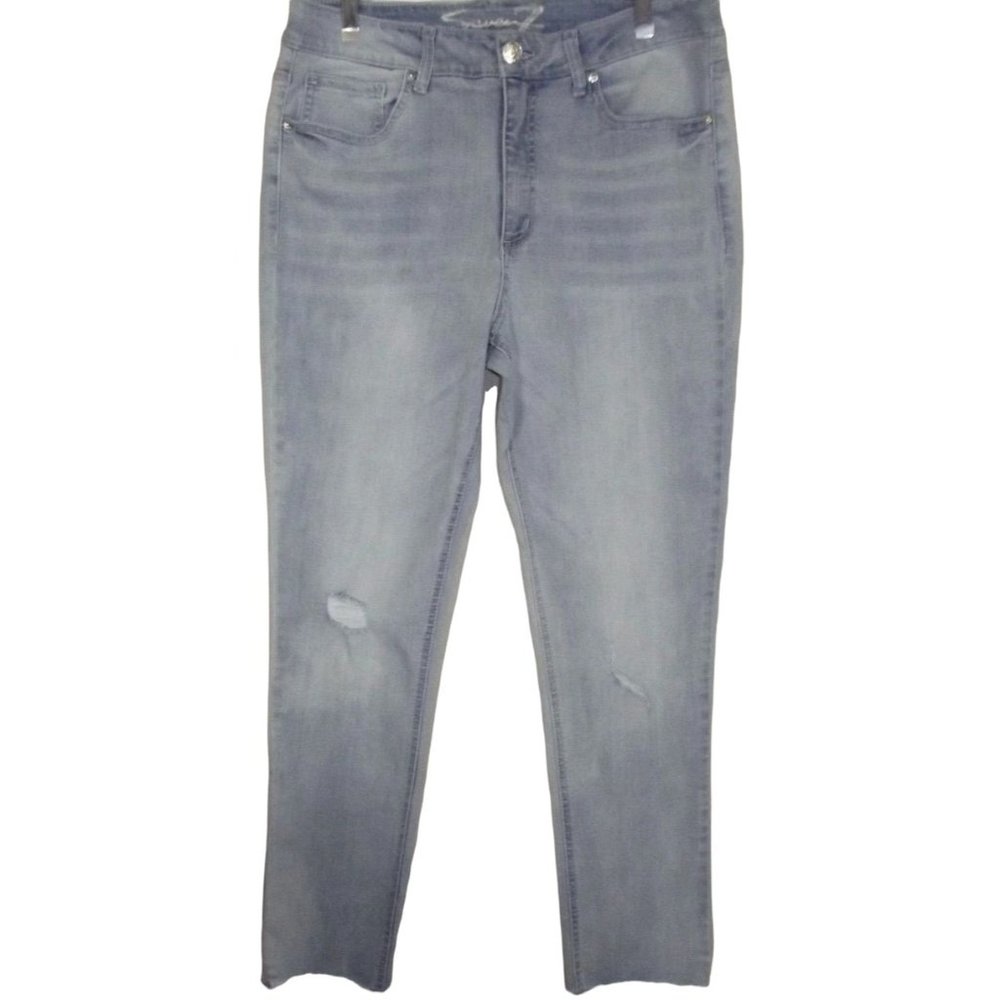 Seven7 14 x 30" Blue High Rise Slim Straight Raw Hem Jeans tummy panel